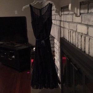 Navy blue mid calf dress. Sheer and satin sash.
